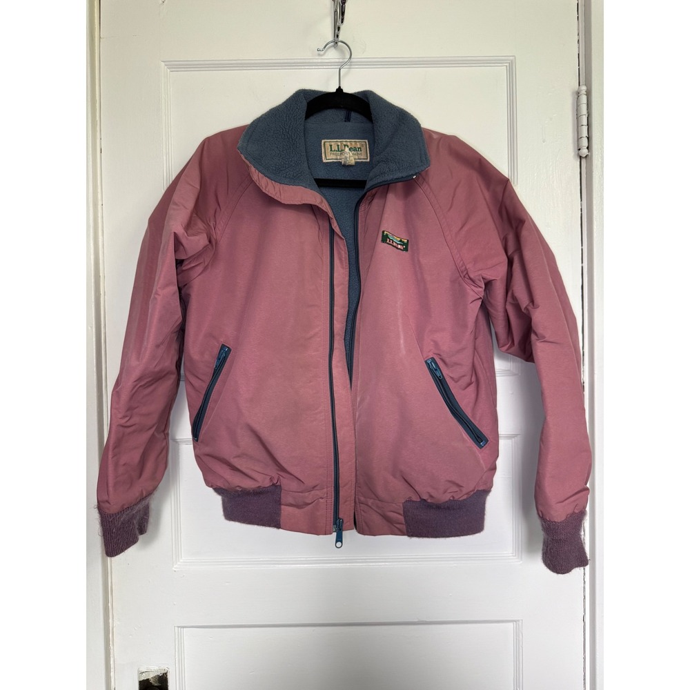 Vintage LL Bean Warm-Up Jacket Pink Blue Fleece Lined Bomber Mauve Womens M USA
